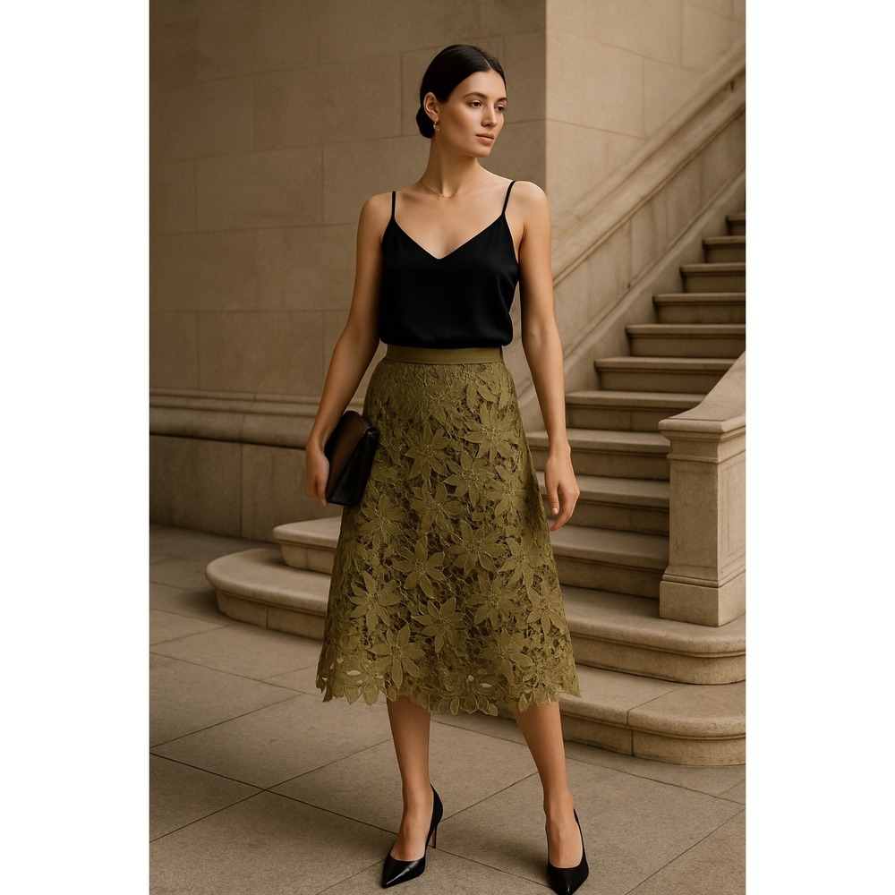 GNW Khaki Floral Lace Skirt Boho Chic Festival Garden Party cottagecore Size L - Picture 2 of 7